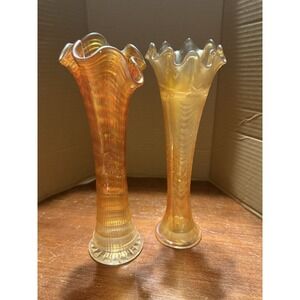 Vtg Imperial Marigold Iridescent Ripple & Ruffled Carnival Glass Vases Read Desc